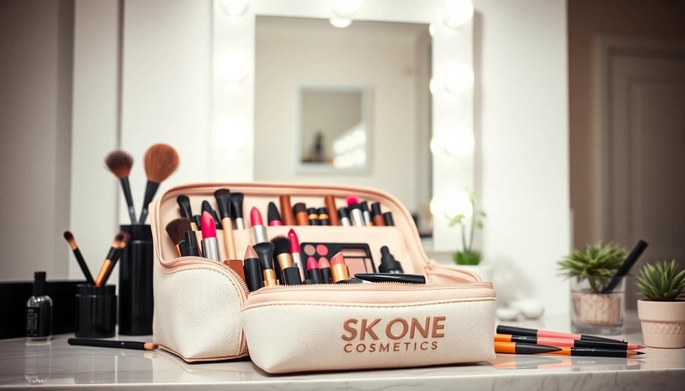 Unleash your creativity with the skone cosmetics signature makeup bag, showcasing vibrant makeup products.