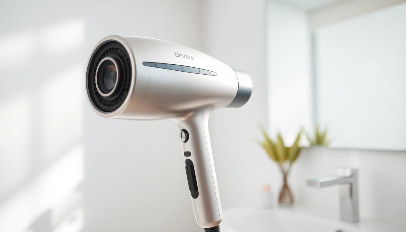 Explore features of the Laifen website highlighting innovative hair styling tools in a modern bathroom.