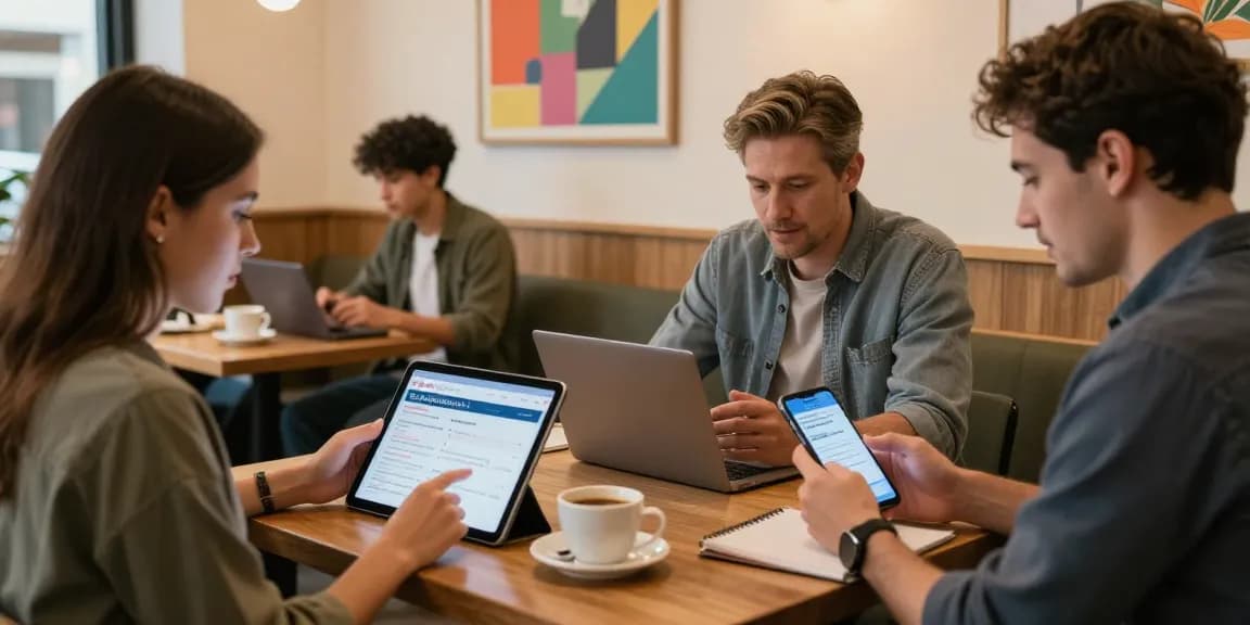 Engaging scene showcasing users utilizing BedPersonal for local classifieds in a cozy urban cafe.