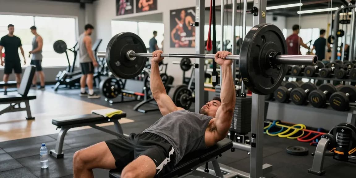 Focused bodybuilder lifting weights in a gym environment, showcasing strength and intensity at Steroid Shop.