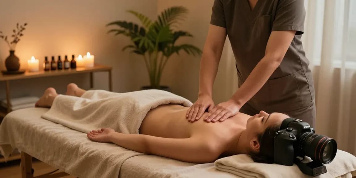 마사지 테라피가 진행되는 평화로운 웰니스 스튜디오의 모습입니다.