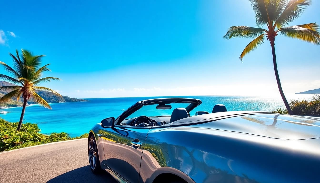 Rent a car Saint Barth in a stunning coastal setting showcasing a luxury convertible.