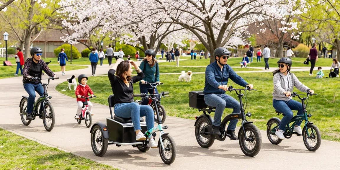 Group of adults enjoying the best electric tricycles in a sunny park, showcasing Scout Electric Tricycles.
