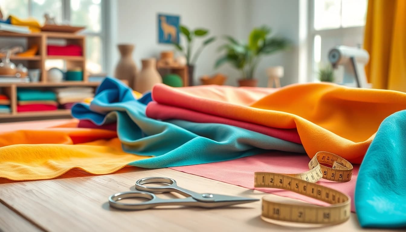 Explore vibrant lap stof fabrics expertly displayed in a textile studio.