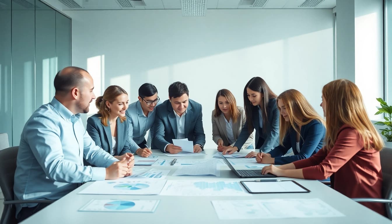 Engaging professionals discussing Product Commercialization Services in a modern office.