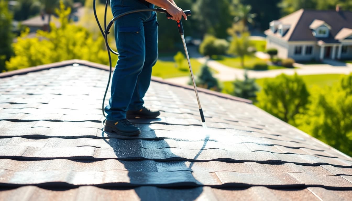 Roof Cleaning service technician ensuring a spotless finish on a beautifully maintained roof.