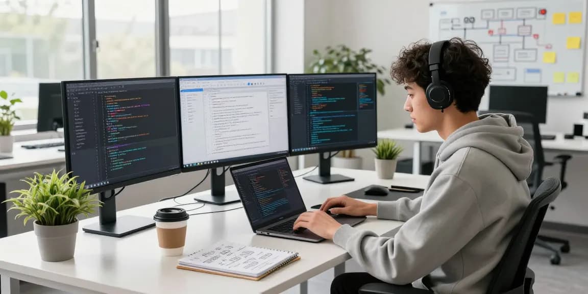 Build internal tools with AI in a dynamic tech workspace showcasing a developer coding at multiple screens with collaborative elements.