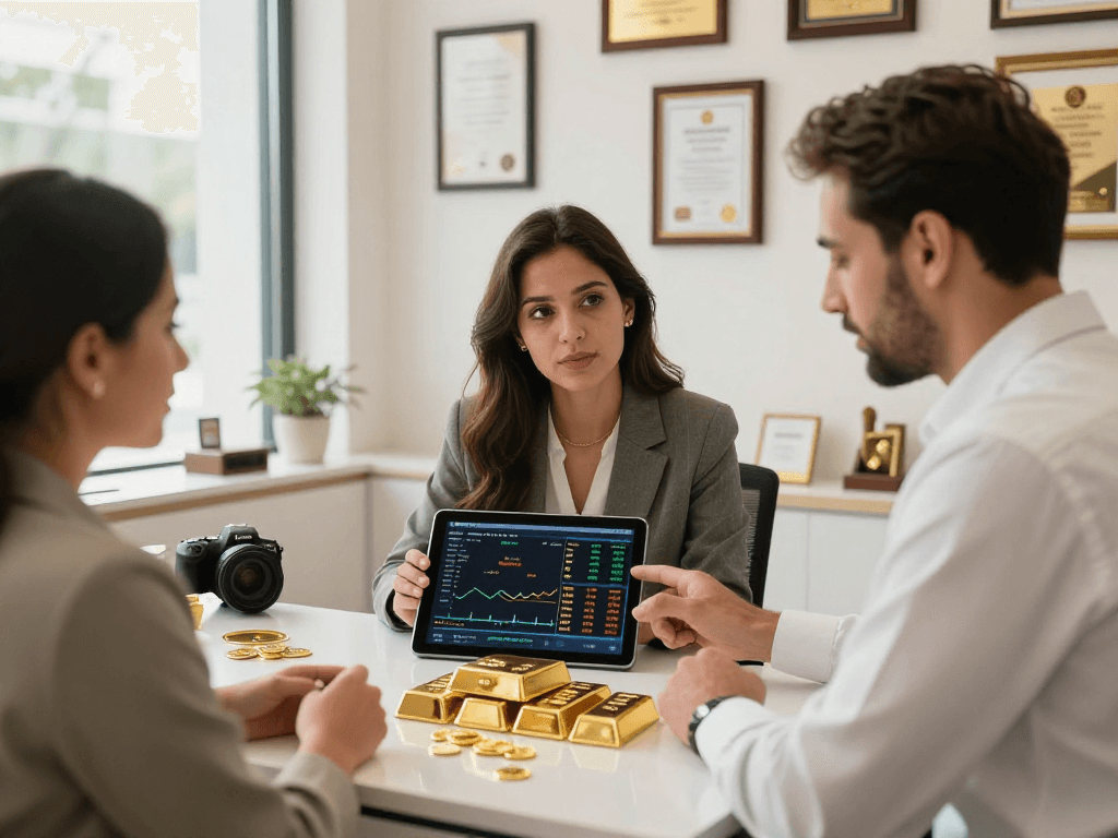 Customer consulting mantra88 gold prices in a modern trading office.