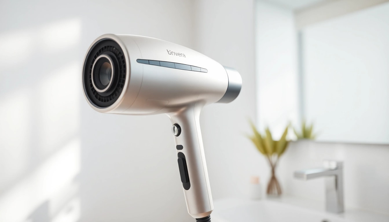 Explore features of the Laifen website highlighting innovative hair styling tools in a modern bathroom.