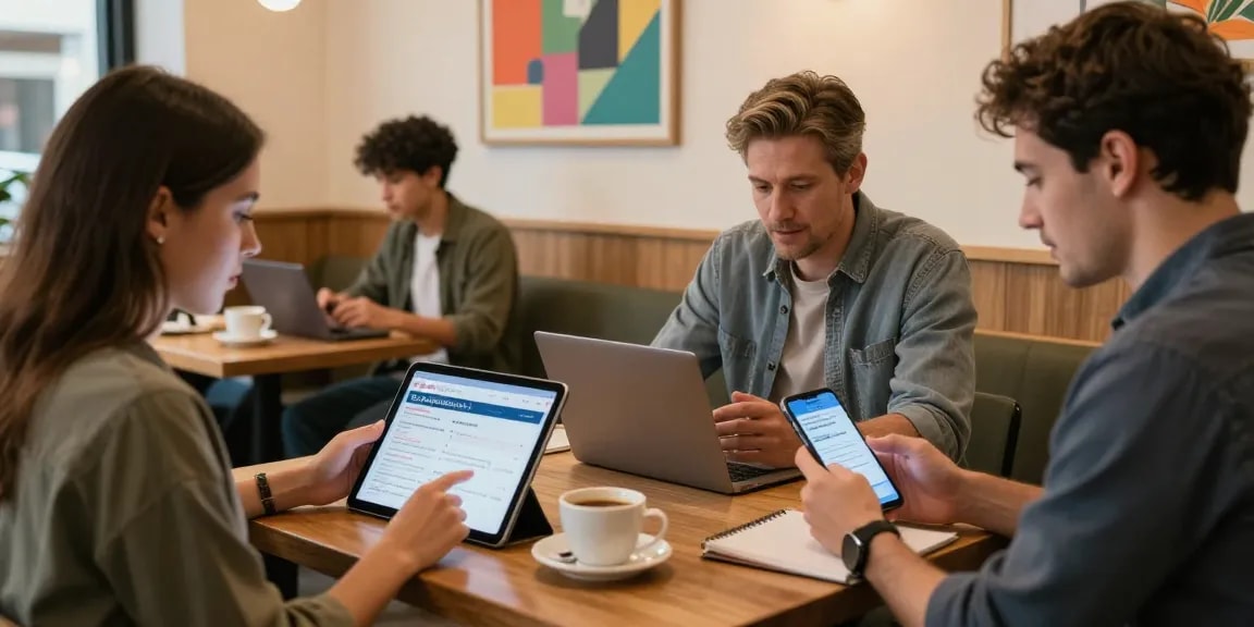 Engaging scene showcasing users utilizing BedPersonal for local classifieds in a cozy urban cafe.