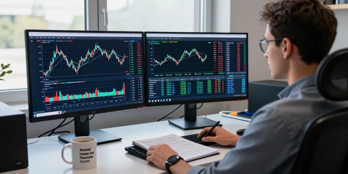 Trader using mt4 for forex analysis on dual monitors in a modern workspace
