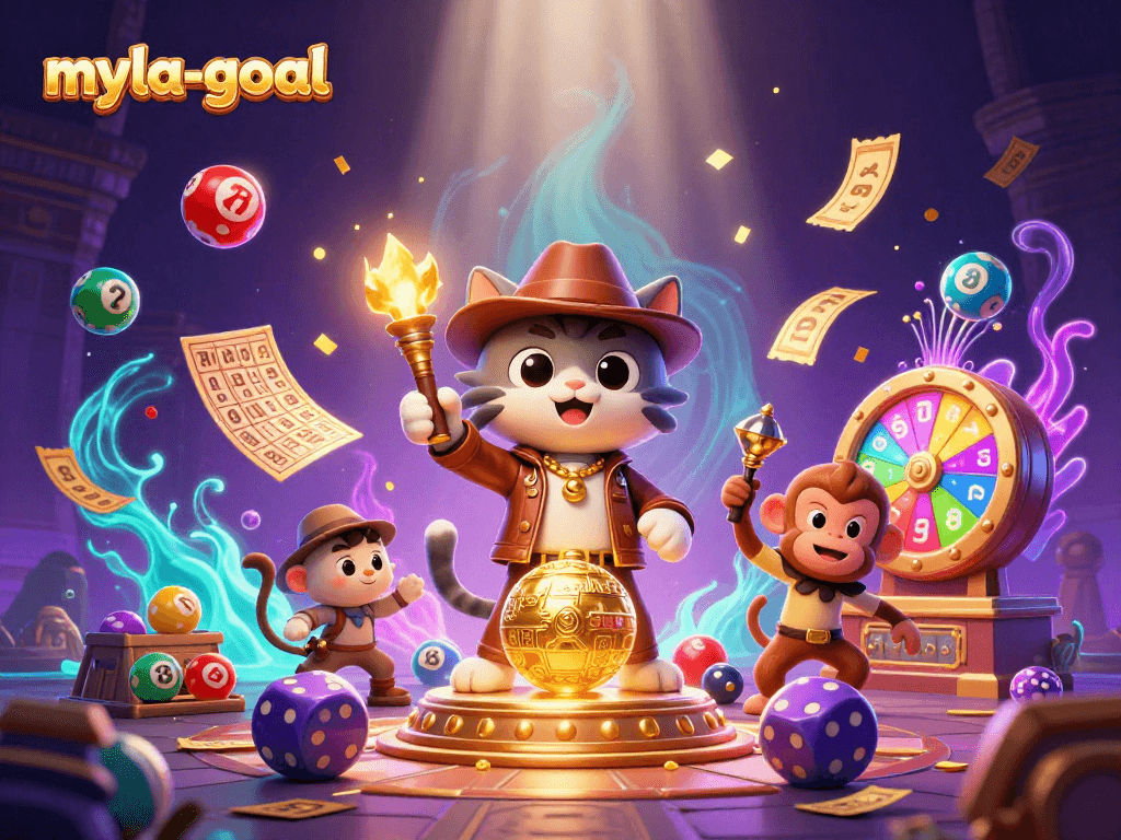 Engage with myla-goal as a cartoon explorer cat discovers treasures amid vibrant casino artifacts.