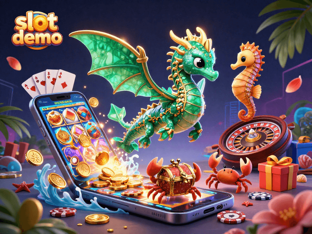 Menghasilkan slot demo yang menarik dengan ilustrasi 3D karakter, ponsel, dan elemen kasino berdinamika.
