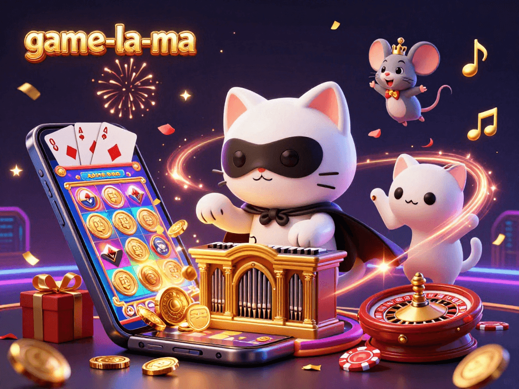 Experience the excitement of game-la-ma with enchanting casino elements and vibrant celebration.