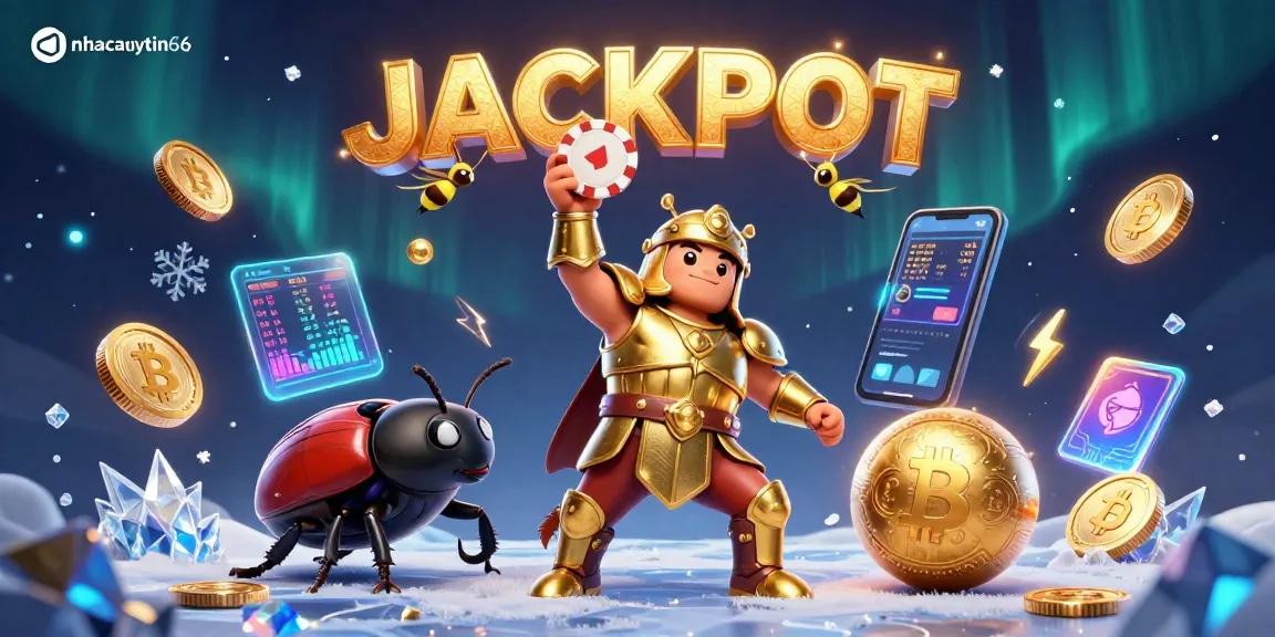 nhacaiuytin66 showcases a victorious beetle with poker chip in a vibrant casino scene.