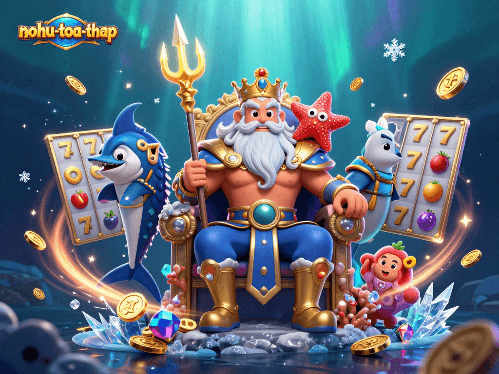 Engage in nohu-toa-thap gameplay with jackpot slots, dynamic action, and glittering treasures in a vibrant scene.