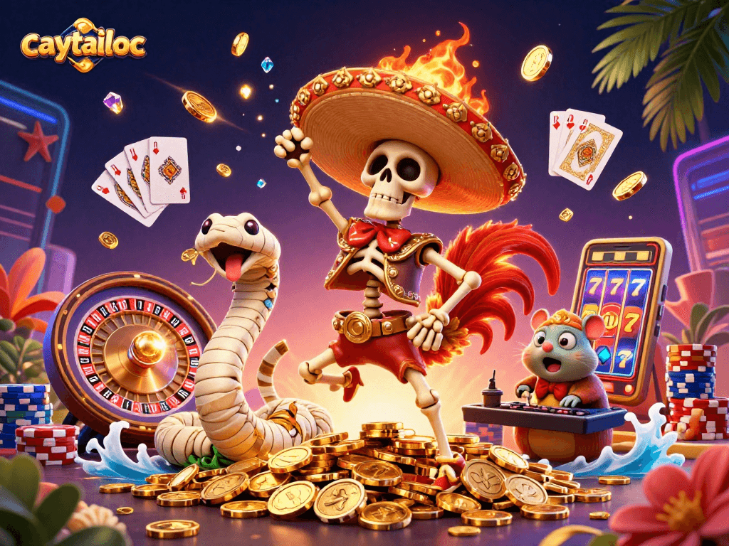 Caytailoc offers an exhilarating jackpot experience featuring a winning skeleton mariachi rooster and dynamic symbols.