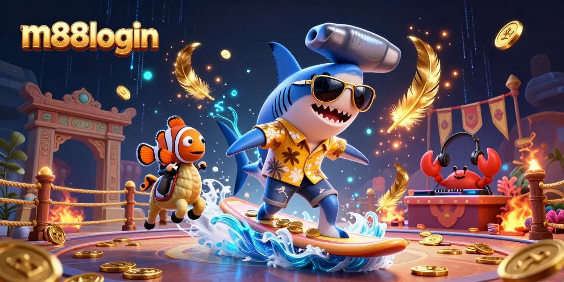 Experience thrilling wins with m88login as the shark surfs gold coins in this vibrant casino scene.