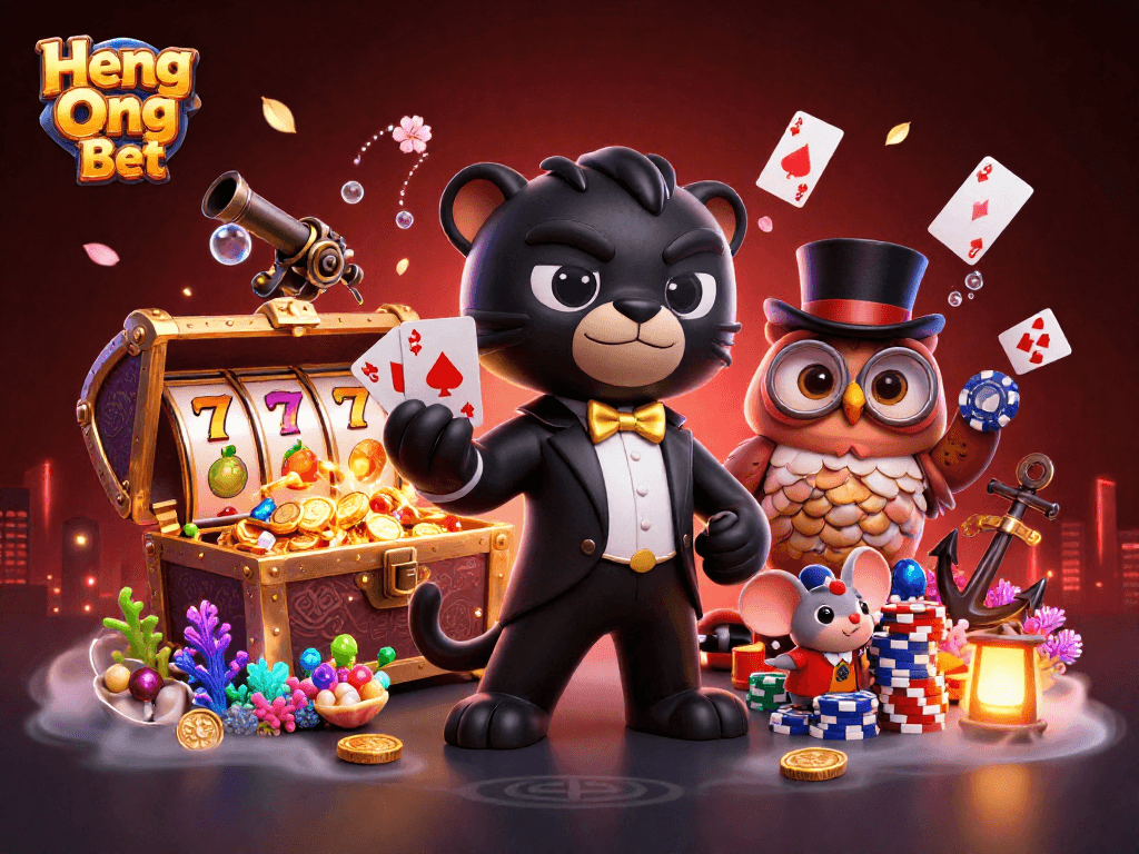Engage in the excitement of Heng Ong Bet with cards and slots in a vibrant 3D casino scene.
