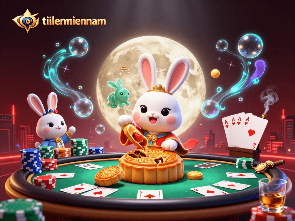 Experience intense poker action with tienlenmiennam, where the moon rabbit reveals poker chips from mooncakes.