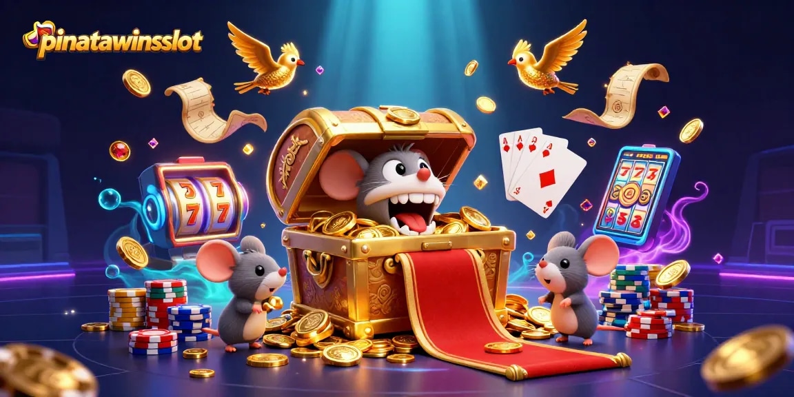Win big with pinatawinsslot as golden coins cascade from the treasure chest in this vibrant casino scene.