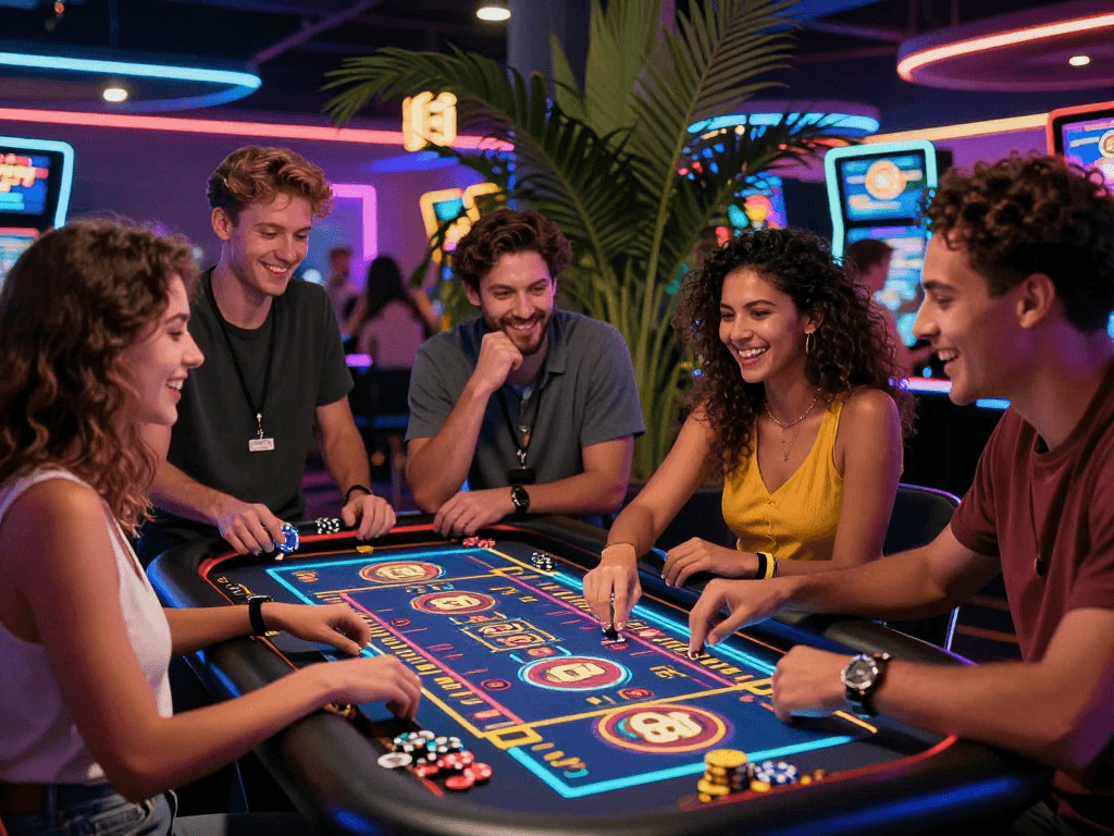 Exciting crypto casino scene with friends at digital gaming table.