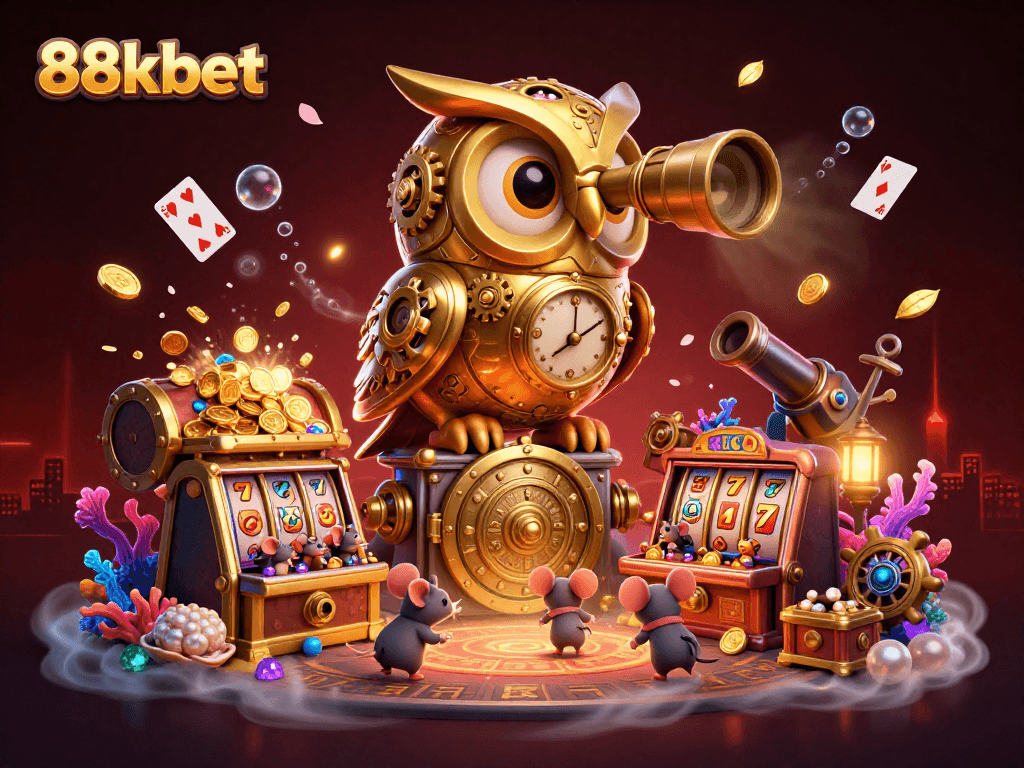Engage with thrilling 88kbet action as a clockwork owl surveys a bustling casino with vibrant games.