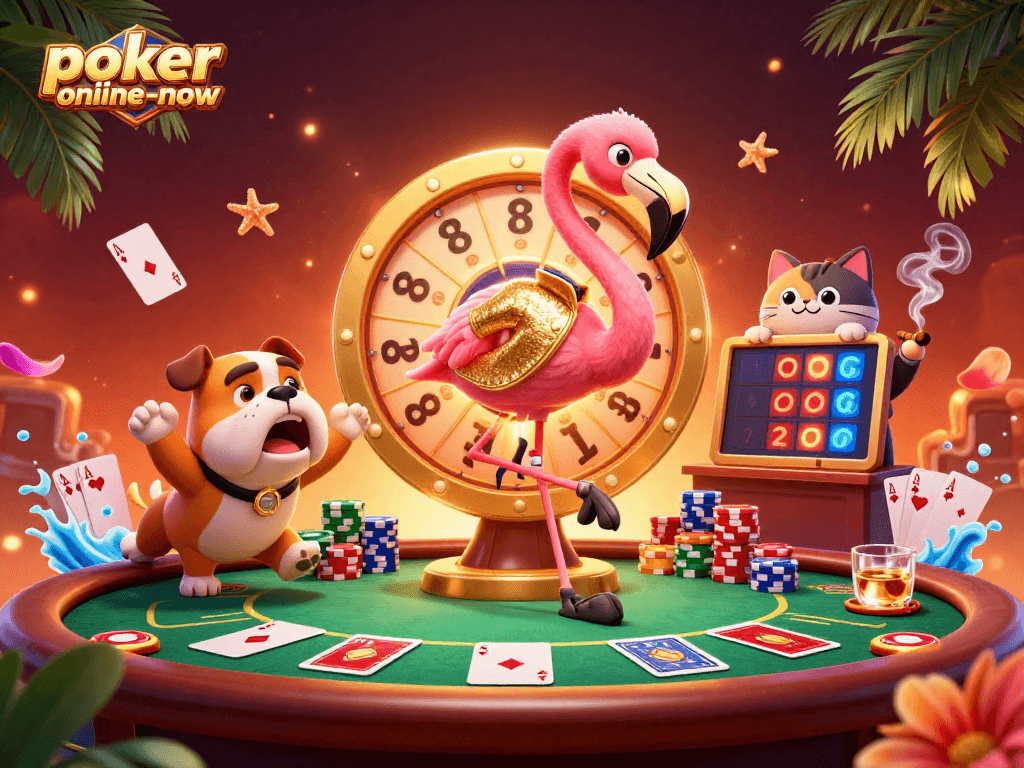 Experience thrilling gameplay with poker-online-now's vibrant casino scene featuring poker elements and characters.