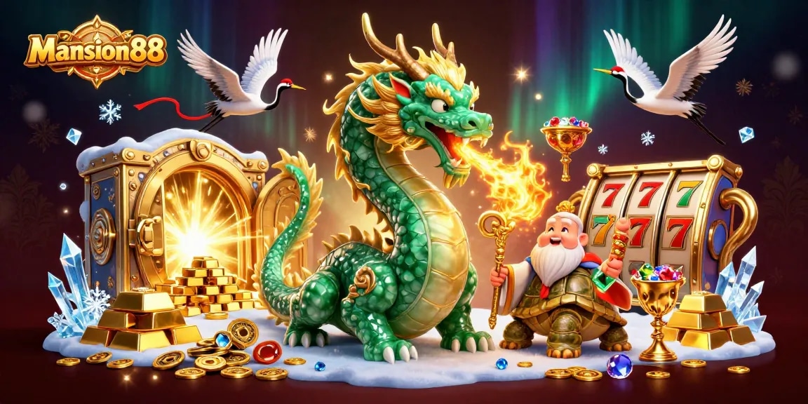 Mansion88 offers thrilling wins with a dragon, turtles, and cranes in an engaging casino scene.