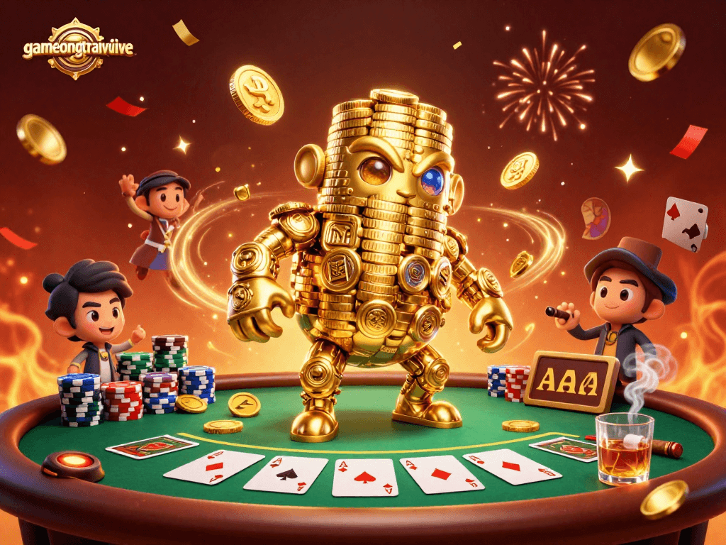 Win big with gamenongtraivuive in this vibrant 3D illustration of a golden golem surrounded by poker elements.