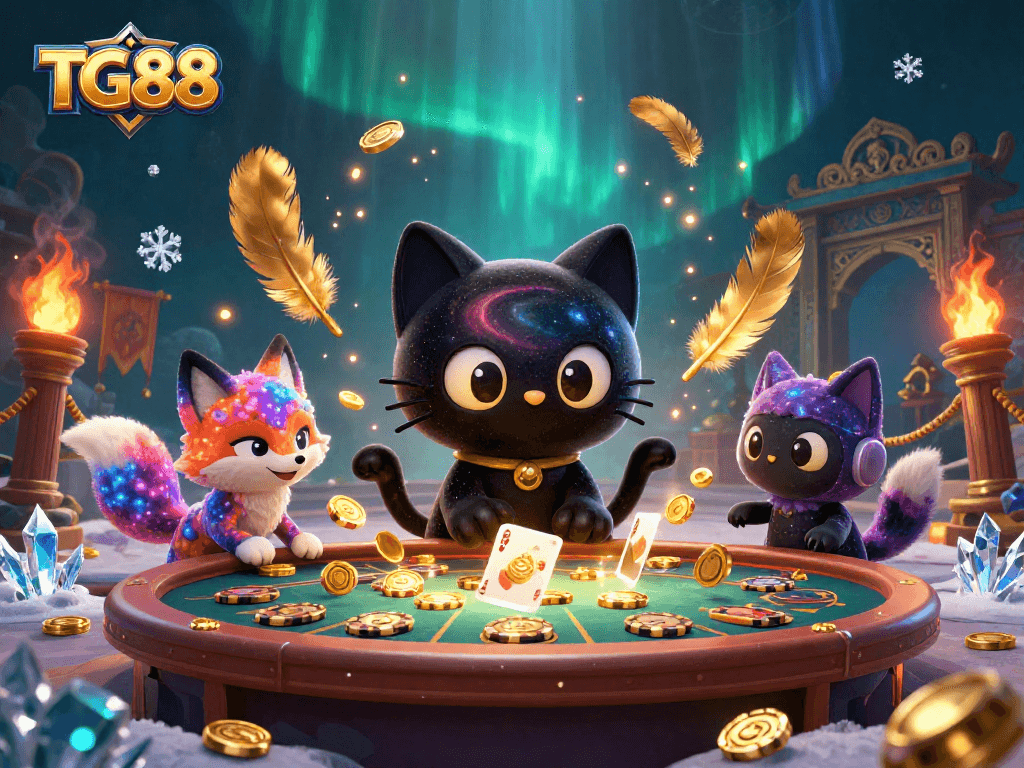 Engage in thrilling gameplay with TG88 as a cosmic black hole cat draws in golden chips and cards.
