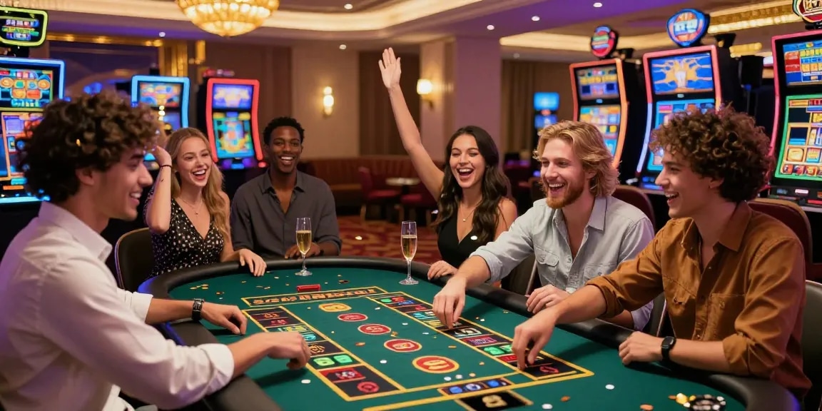 Suasana perayaan di meja judi dengan teman-teman menikmati LUXURY777 Daftar.