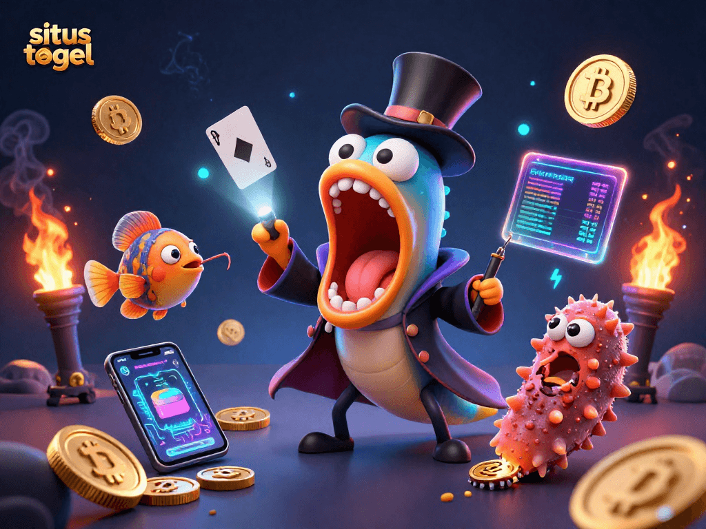 Situs togel dengan karakter unik seperti ikan gulper dan ikan pemancing di latar belakang penuh cahaya dan detail.
