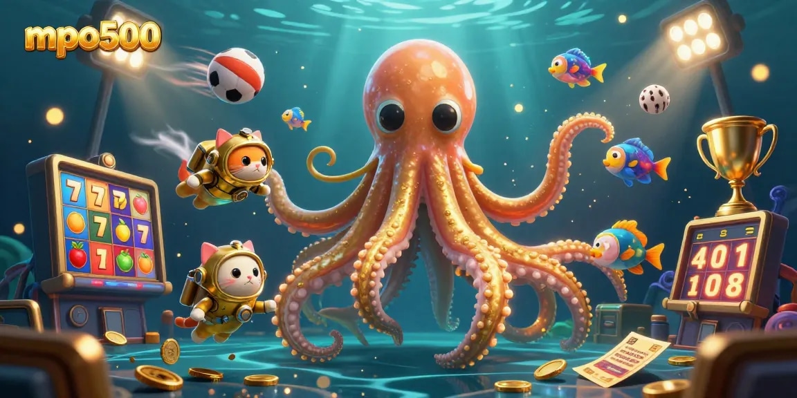 MPO500 offers a thrilling underwater gaming adventure with a kraken and diving cat in an engaging slot game scene.