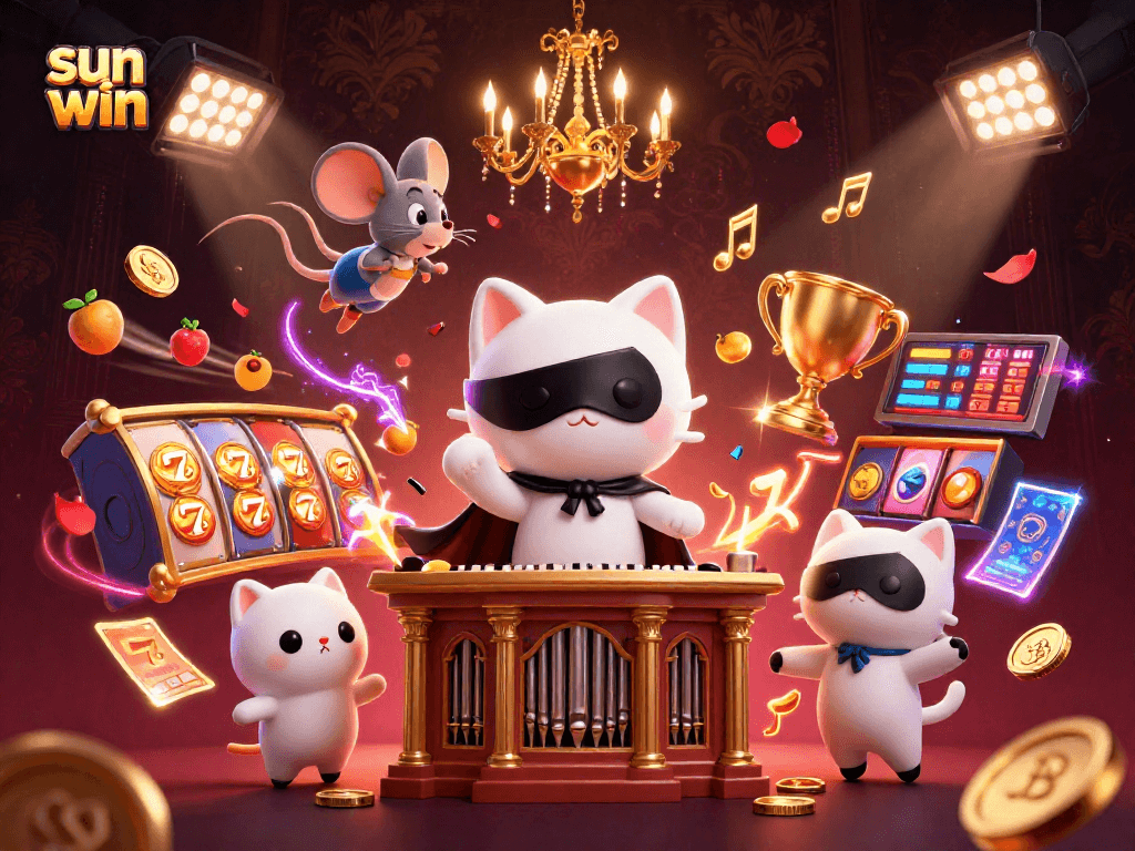 Experience the thrill at sun win, as colorful slot elements and characters create a vibrant casino atmosphere.