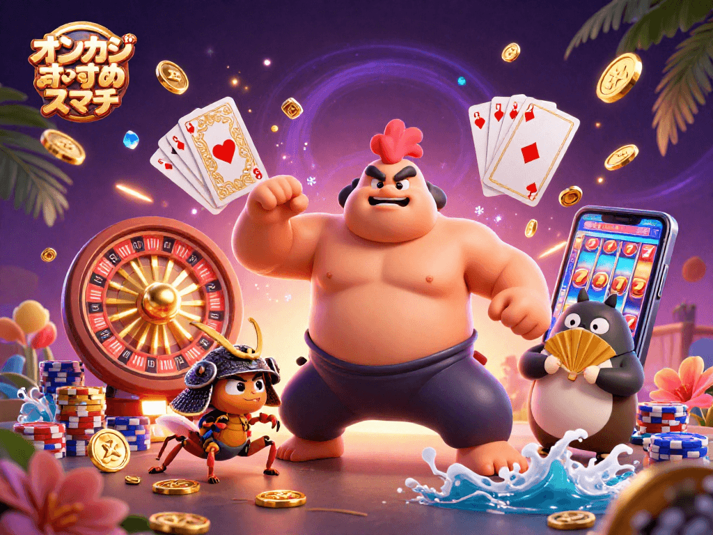 オンカジおすすめ スマホを体験するために、様々なゲーム要素に囲まれた力強いキャラクターたちの鮮やかなイラストです。