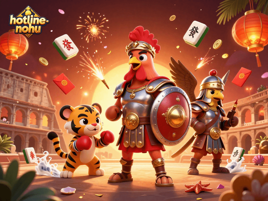 Experience the excitement of hotline-nohu with a 3D gladiator rooster and treasures in a vibrant casino scene.