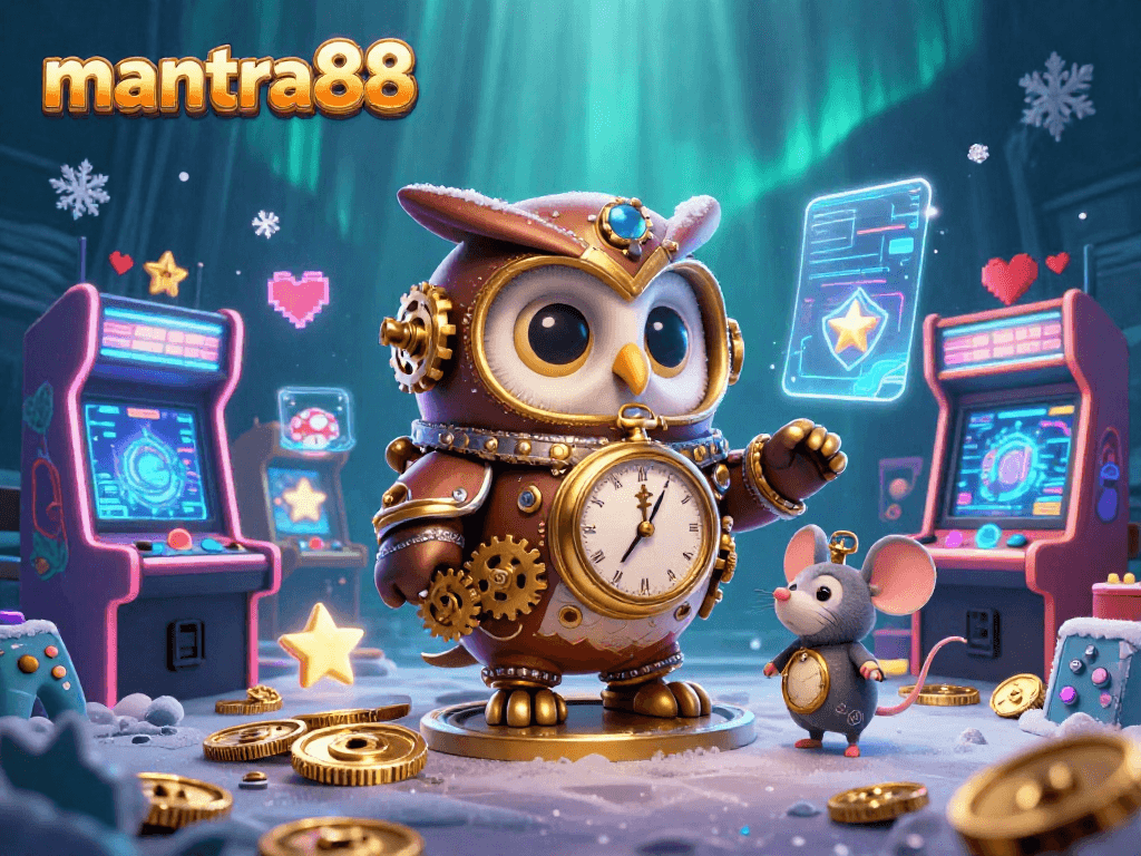 Experience the exhilarating vibe of mantra88 with our animated steampunk owl embracing the world of casino gaming.