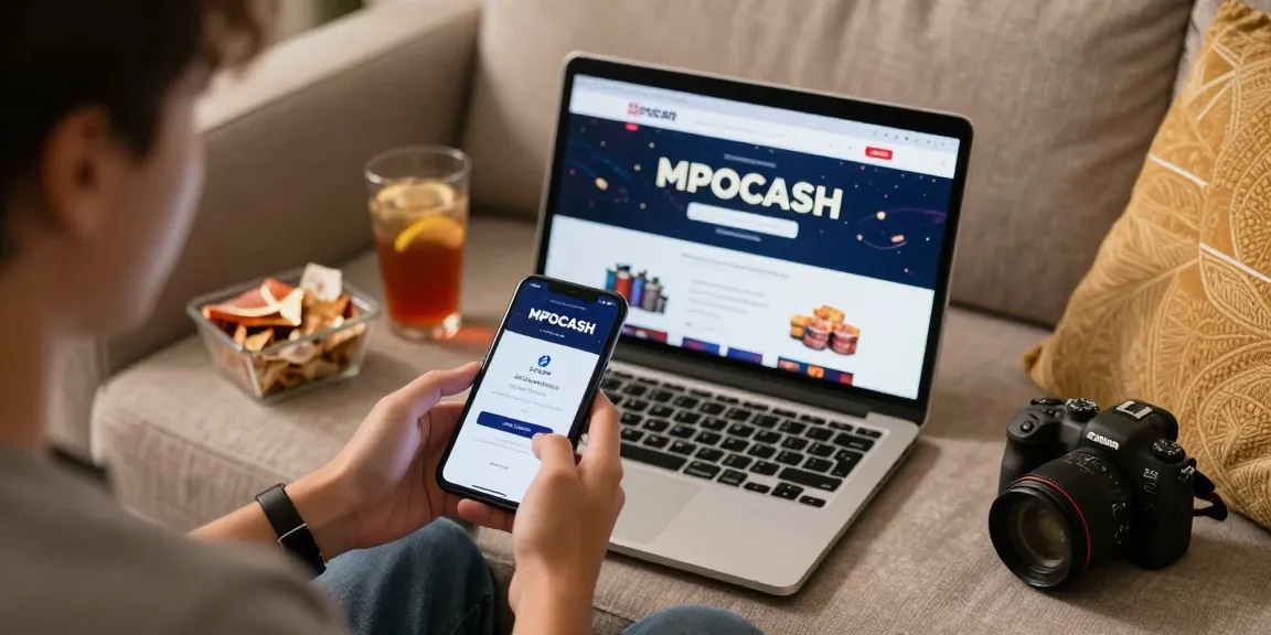 The user enjoying MPOCASH's features on their smartphone while relaxing at home, showcasing the anti-blocking login experience.