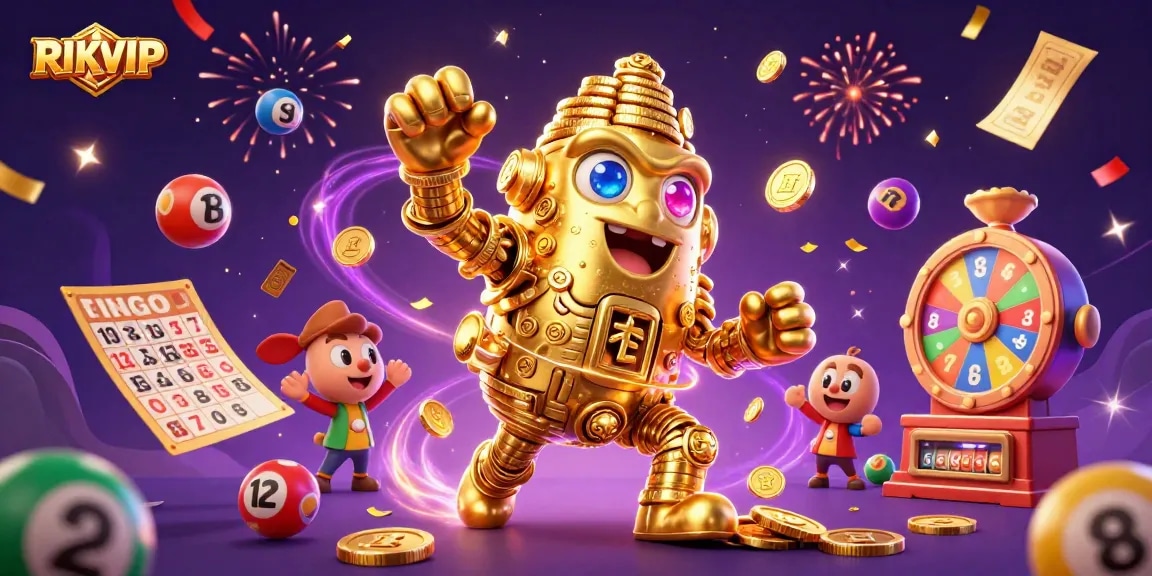 Experience exciting wins with RIKVIP's 3D gaming elements, including golden golems and vibrant lottery balls.