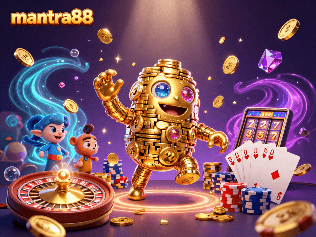 Experience premium gaming with mantra88's vibrant 3D casino scene featuring slot symbols and gold coins.
