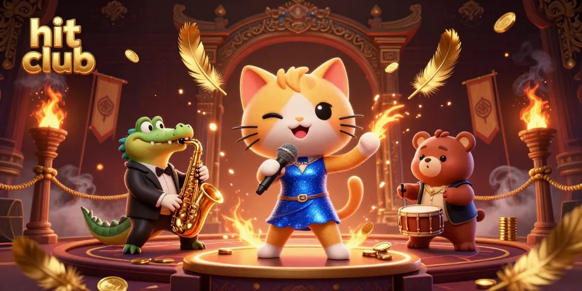 Experience the thrill at hit club with a lively 3D casino scene featuring jazz-singer cat and animated characters.