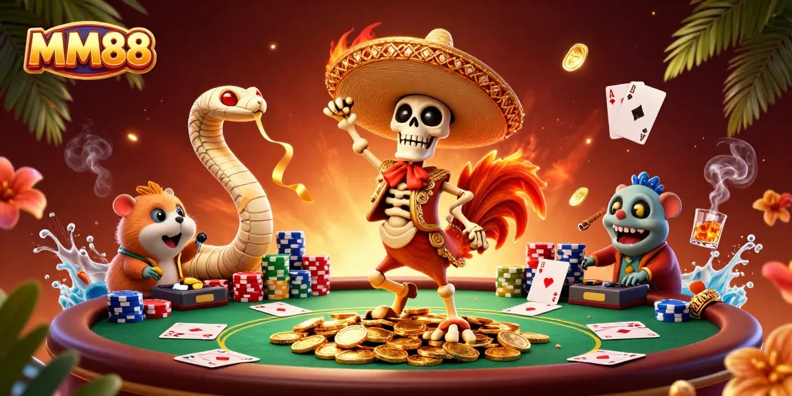Experience thrilling wins at MM88 with vibrant characters surrounded by poker elements and riches