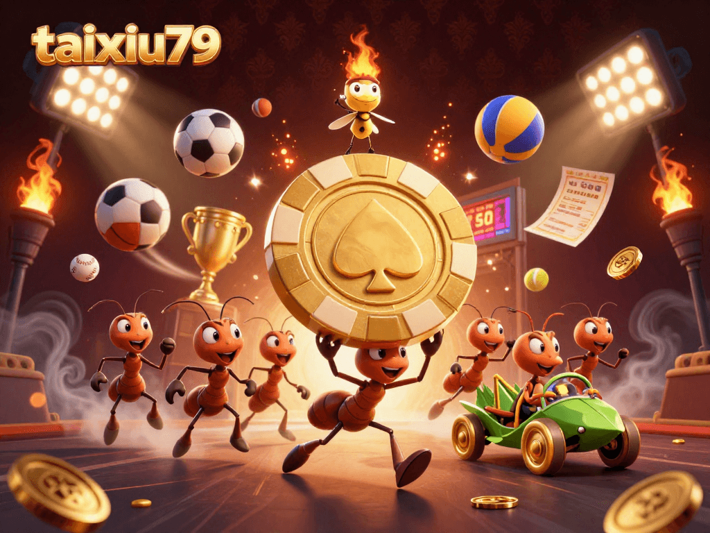 Engage with taixiu79 as ants navigate a heist through vibrant casino elements, showcasing betting excitement.