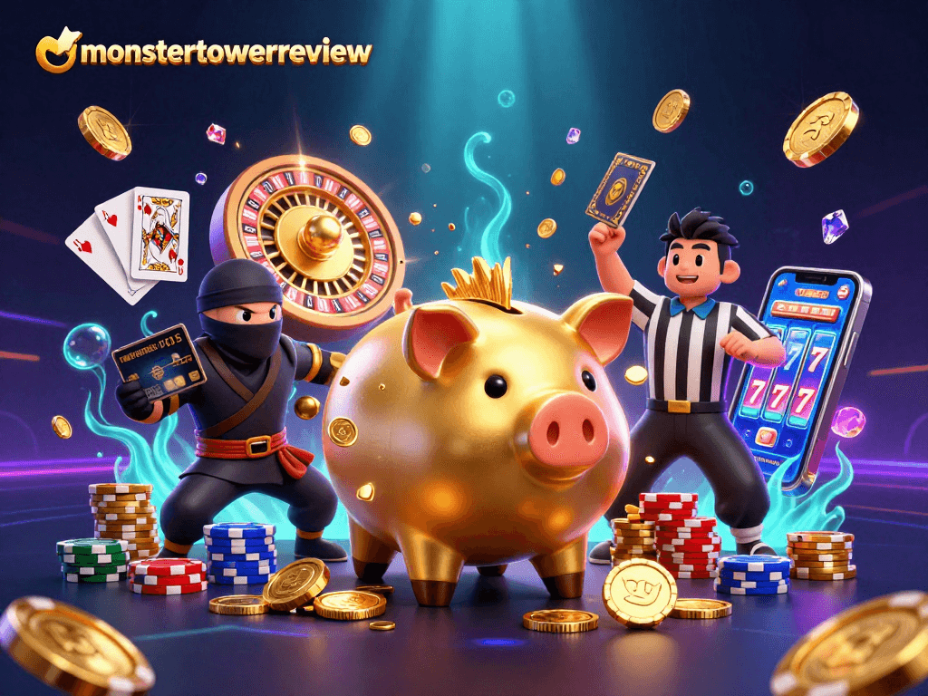 Win big with monstertowerreview featuring a sumo wrestler piggy bank and exciting gambling elements.