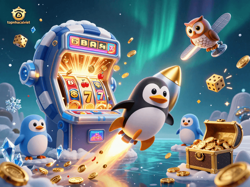 Engage with topnhacaiviet through a vibrant 3D illustration of a rocket-powered penguin in a casino scene.