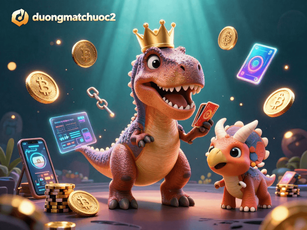 Engage with duongmatchuoc2 as a T-Rex plays cards with a pterodactyl assistant in a vibrant casino scene.