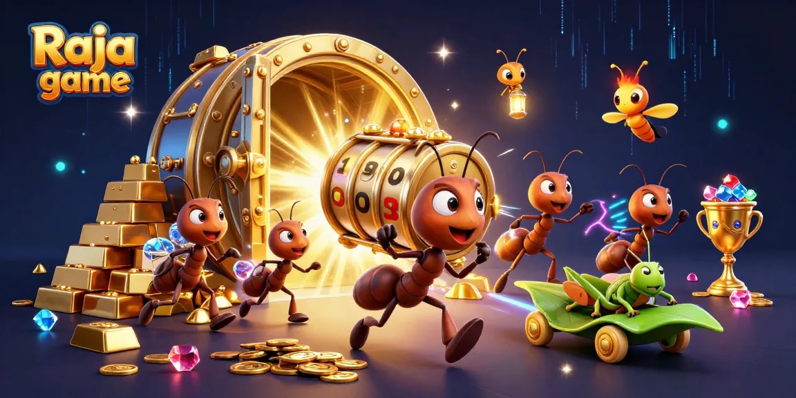 Engage in thrilling Raja game action with ants heisting a golden slot reel in a casino-themed escape.