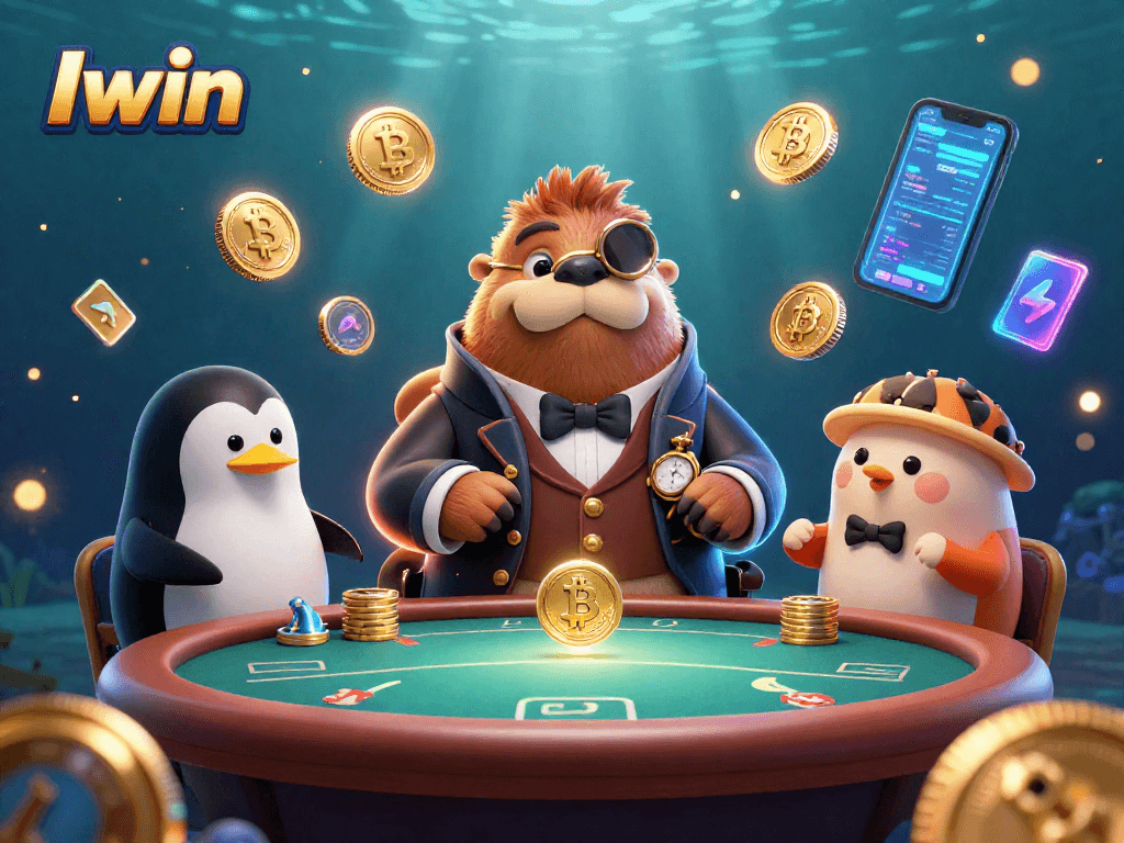 Iwin showcases a jolly walrus at an underwater poker table, surrounded by cryptocurrency elements and casino vibes.