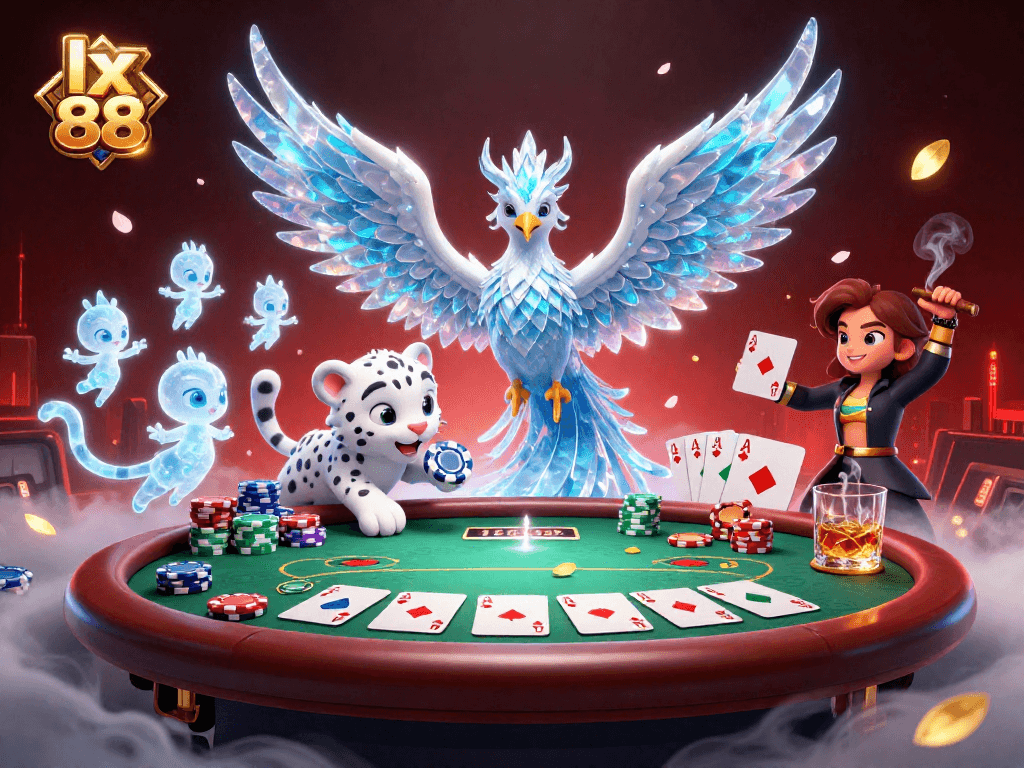 Experience thrilling gameplay at lx 88 with vibrant poker chips, an ice phoenix, and glowing sprites.